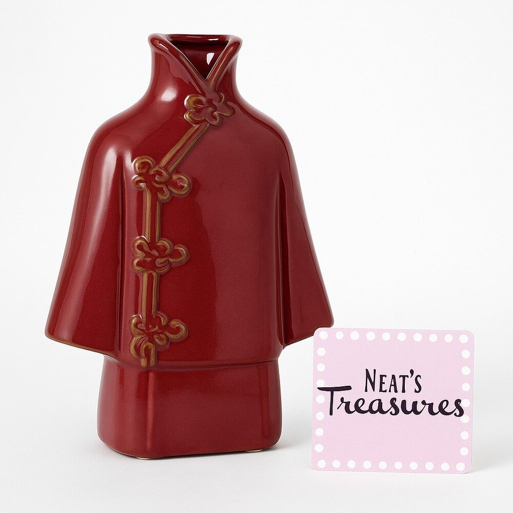 Oriental Kimono Asian Dress Burgundy Glaze Stoneware 10.25 Vase Accent Sculpture
